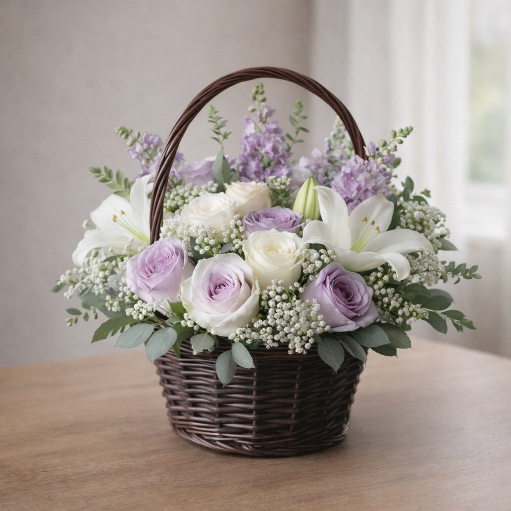 Lavender and white sympathy basket with lilies and roses – Escondido flower delivery