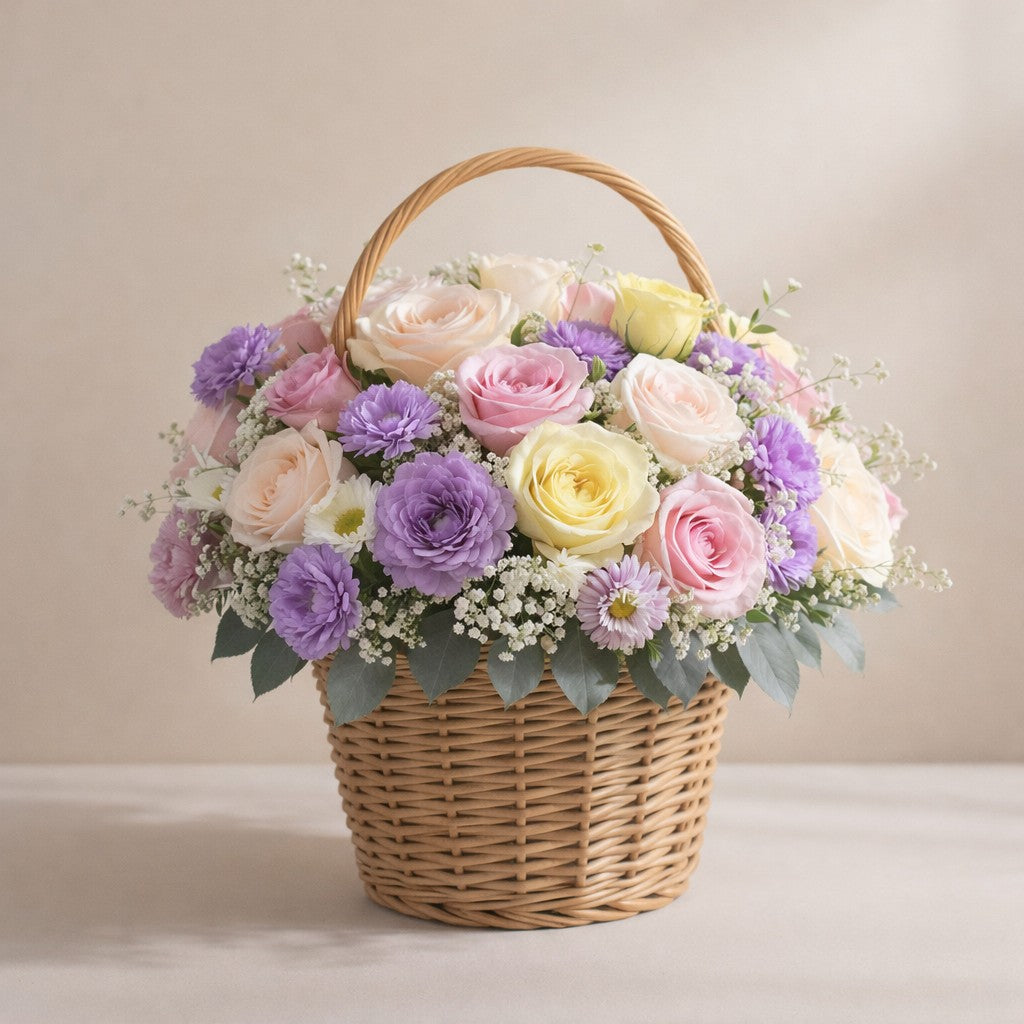 Premium pastel rose basket arrangement with lavender and soft greenery – Vista CA flower delivery