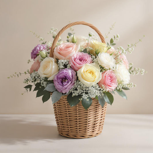 Deluxe size pastel flower basket with fuller pink, lavender, and yellow roses, enhanced purple accent flowers, and added eucalyptus greenery in a woven basket — Vista flower delivery.
