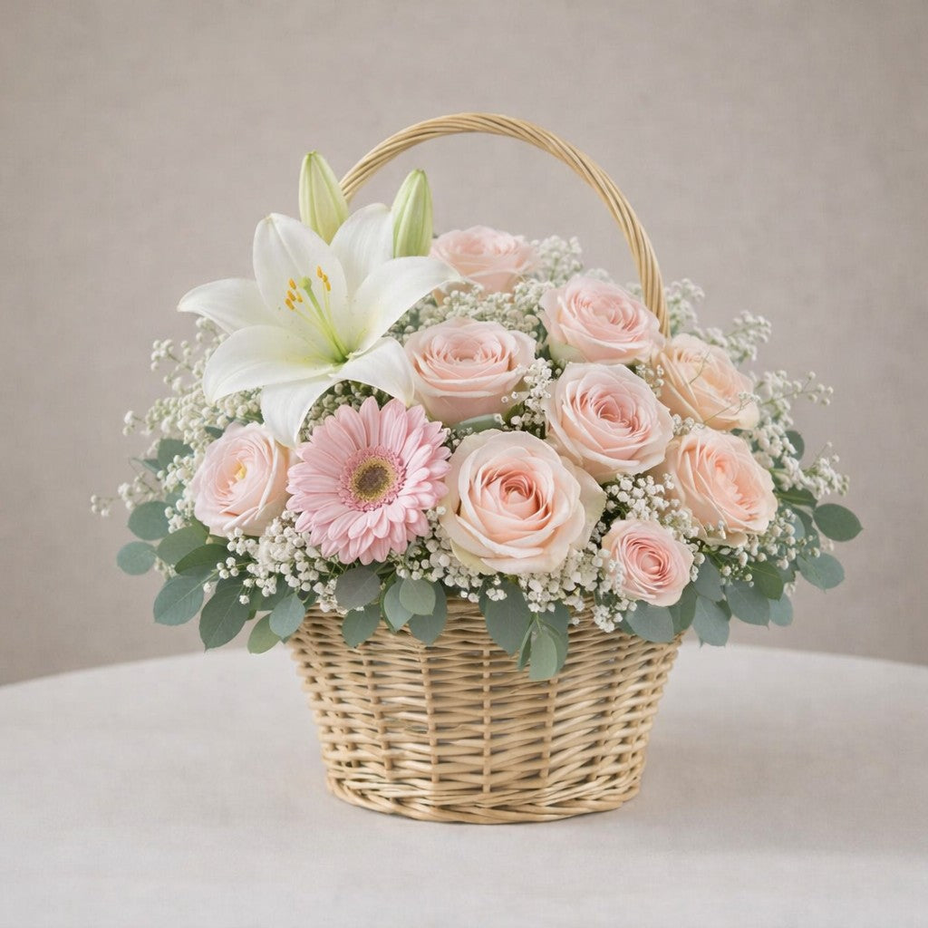 Blush & White Lily Rose Basket Arrangement