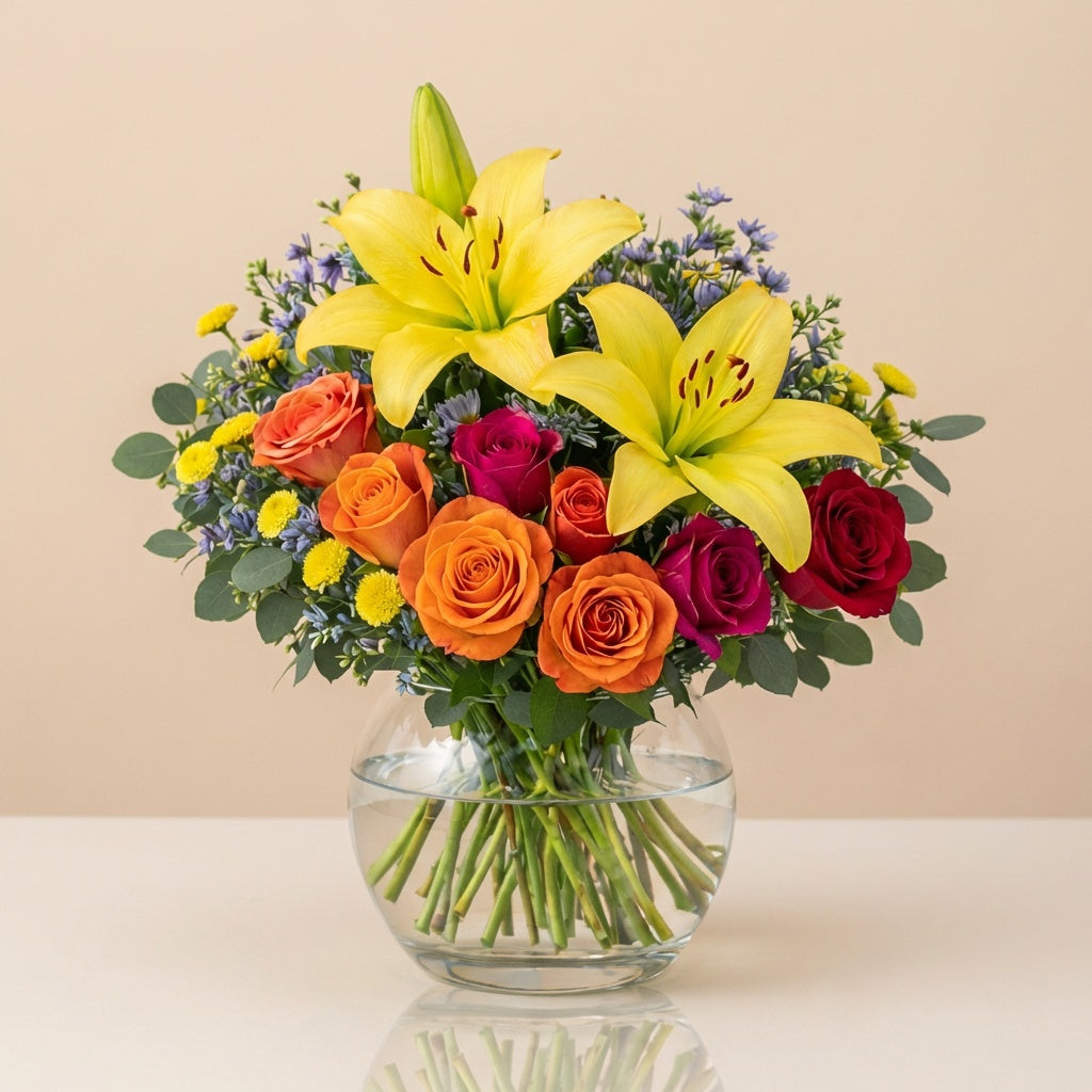 Extra full size Amber Celebration lily and rose arrangement with yellow lilies, orange and magenta roses in a clear glass vase – San Marcos flower delivery