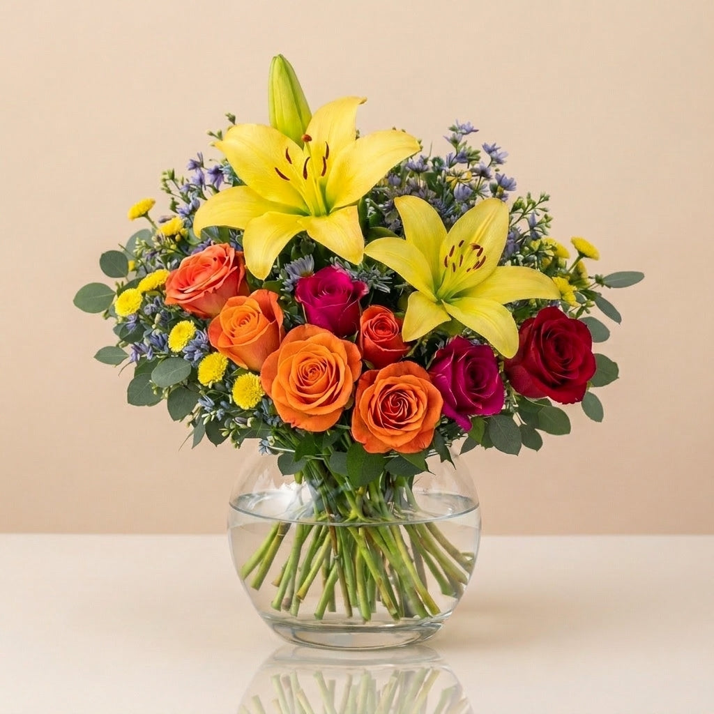 Extra full size Amber Celebration lily and rose arrangement with yellow lilies, orange and magenta roses in a clear glass vase – San Marcos flower delivery