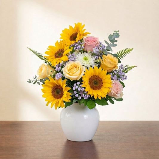 Deluxe size birthday bouquet with fuller sunflowers, additional pink roses, white button mums, soft filler flowers, and lush greenery in a white ceramic vase – Vista florist.