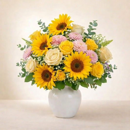 Extra full size birthday bouquet featuring abundant sunflowers, pink and yellow roses, white button mums, layered filler flowers, and lush greenery in a white ceramic vase – Vista florist.