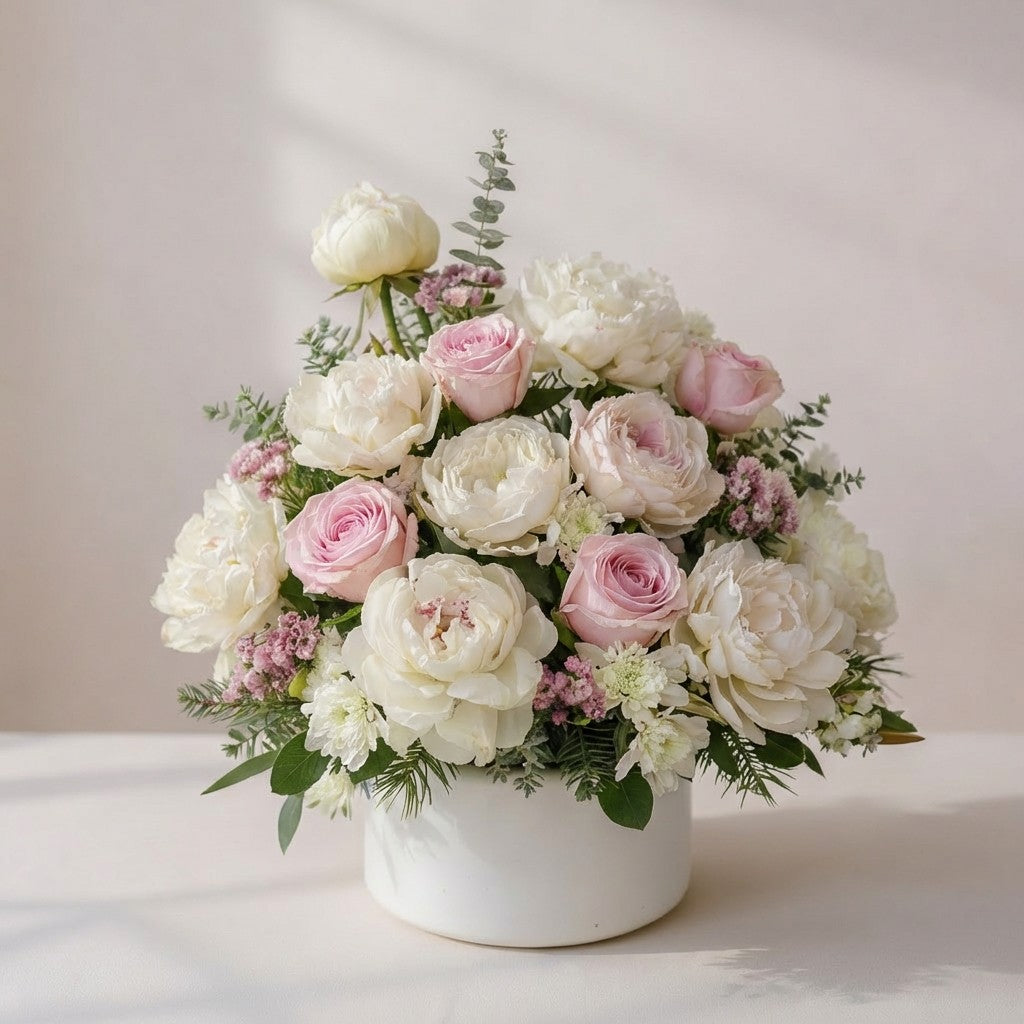 White and blush peony rose vase arrangement with mums, lilies, and mini carnations, styled in a white ceramic vase - San Marcos flower delivery.