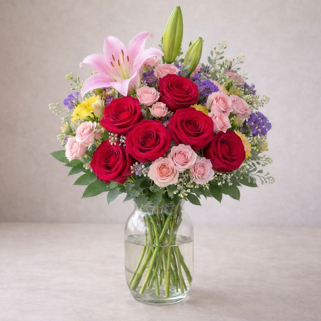Premium size pink lily and red rose vase arrangement featuring extra blooms, lush spray roses, layered lavender fillers, and elegant garden-style depth. Fresh flowers Encinitas CA