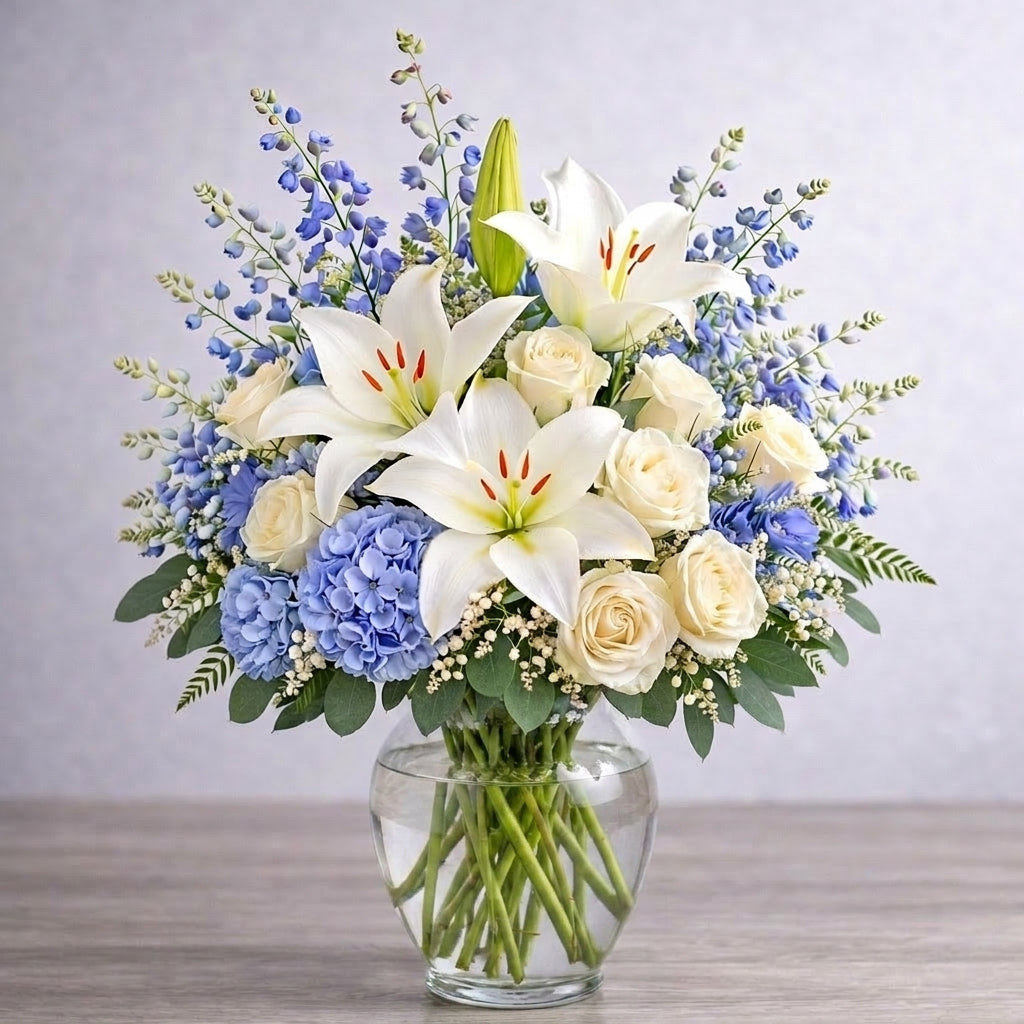 Extra full size white lily and cream rose vase arrangement showcasing extra blue hydrangea, abundant delphinium, airy baby’s breath, and richly layered greenery for a full, luxurious presentation. Fresh flowers San Marcos CA.