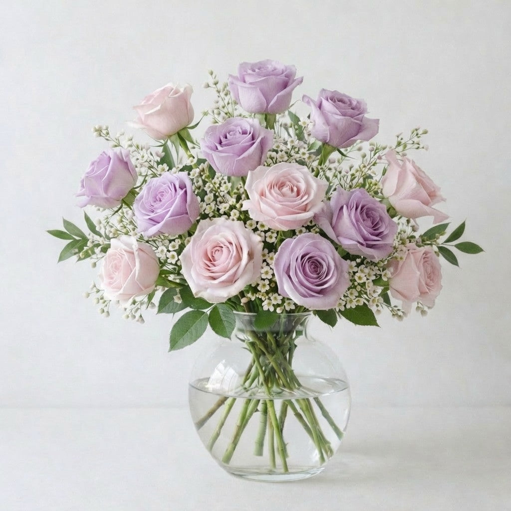 Luxurious lavender and blush pink rose arrangement featuring increased rose count, layered depth, and elegant natural movement in a clear round glass vase, fresh flowers Escondido CA.