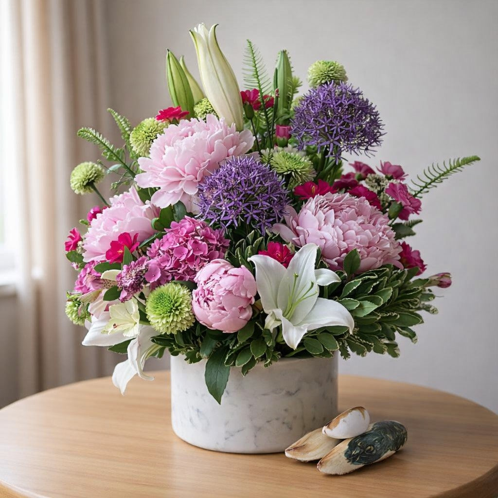 Elegant mixed flower arrangement featuring pink peonies, purple alliums, white lilies, and lush greenery in a white marble vase on a wooden table โ San Marcos flower delivery.