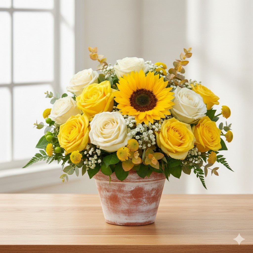 Premium size Radiant Grace arrangement showcasing a sunflower, ivory and yellow roses, baby’s breath, and lush eucalyptus in a generously filled ceramic pot – Carlsbad flower delivery.