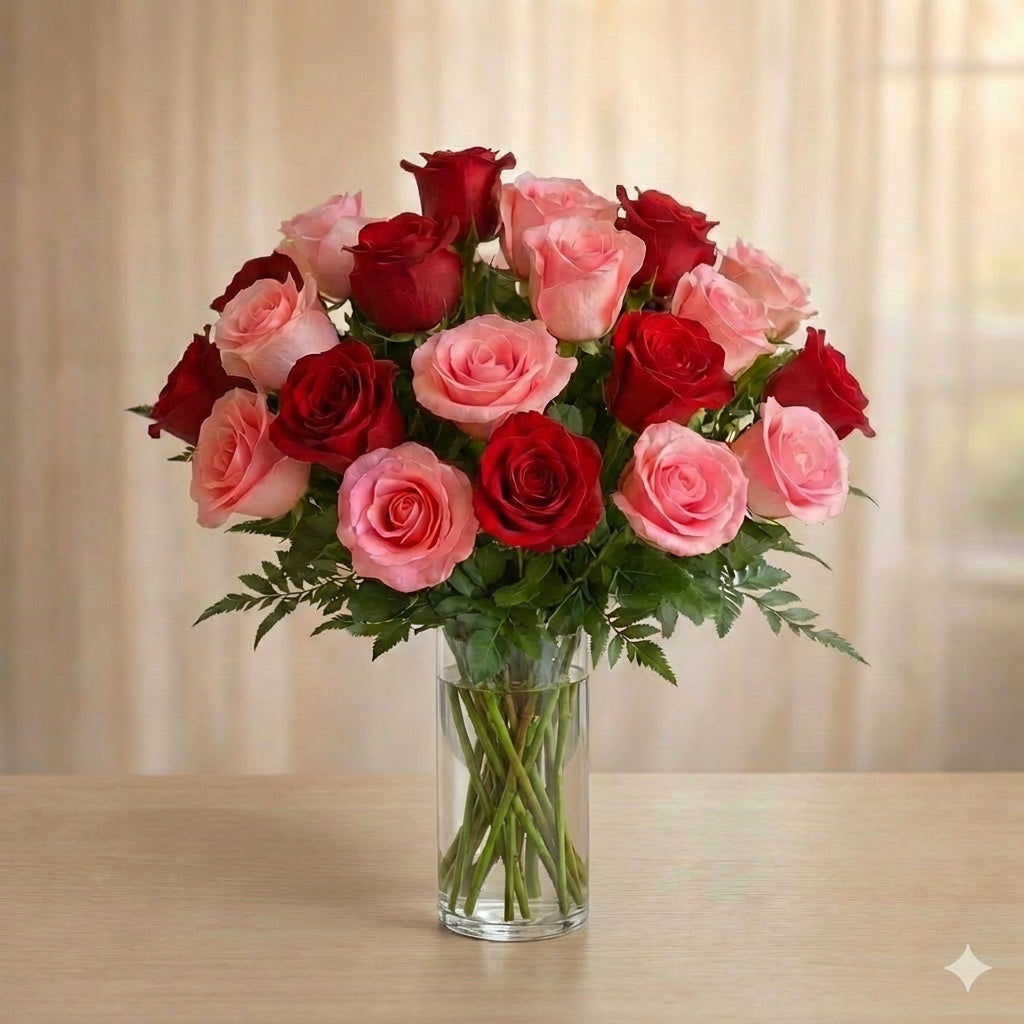 Premium size mixed rose bouquet with abundant red, pink, and cream roses, lush eucalyptus, and enhanced greenery in a clear glass vase – Fresh flowers San Marcos CA.