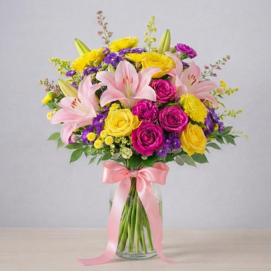 Springtime Delight premium bouquet with abundant pink lilies, yellow roses, purple seasonal flowers, and rich greenery in a clear glass vase tied with a pink ribbon β Encinitas flower delivery.
