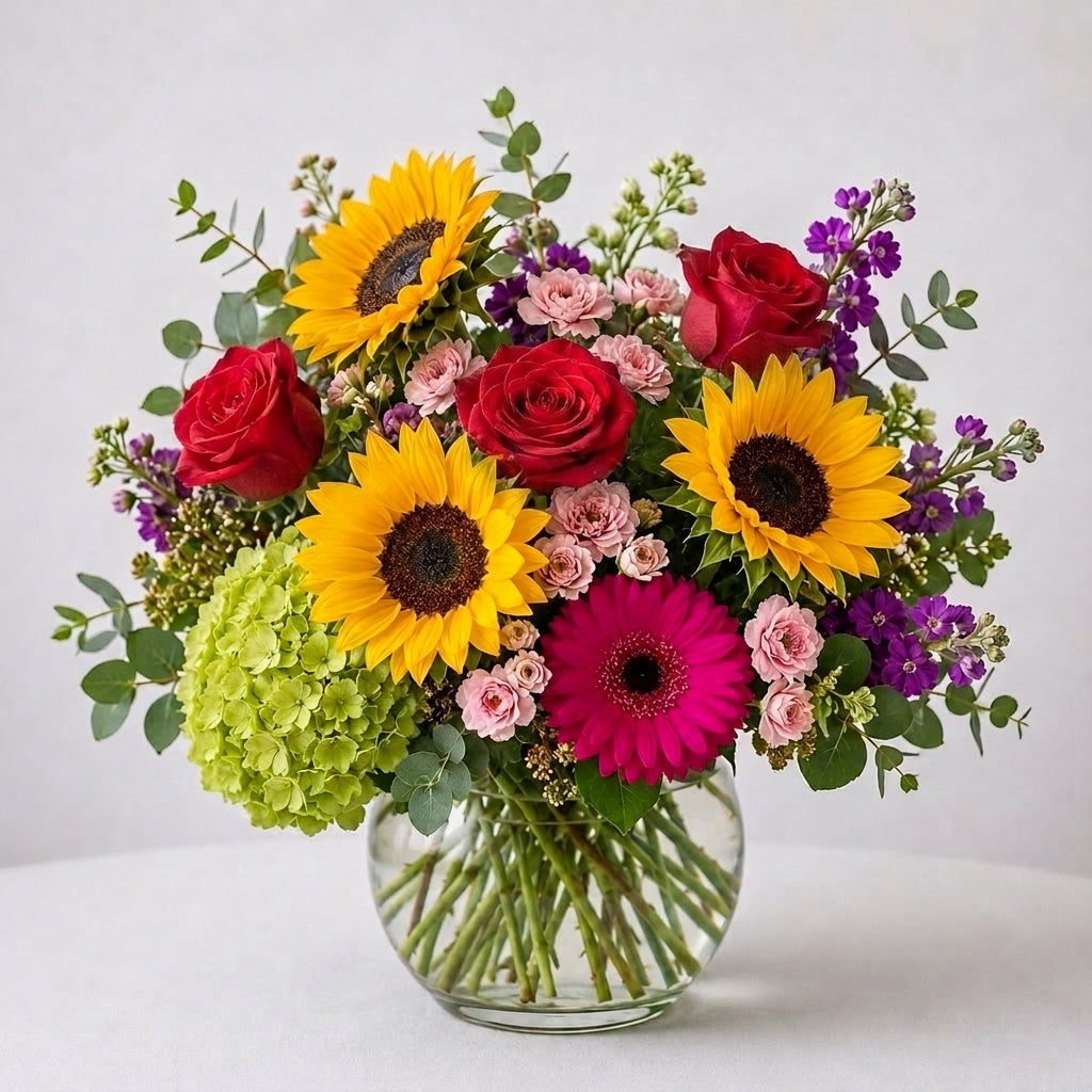 Extra full size sunflower and rose vase bouquet featuring additional pink gerbera daisies, lush greenery, and balanced color in a clear glass vase — same-day flower delivery Oceanside.