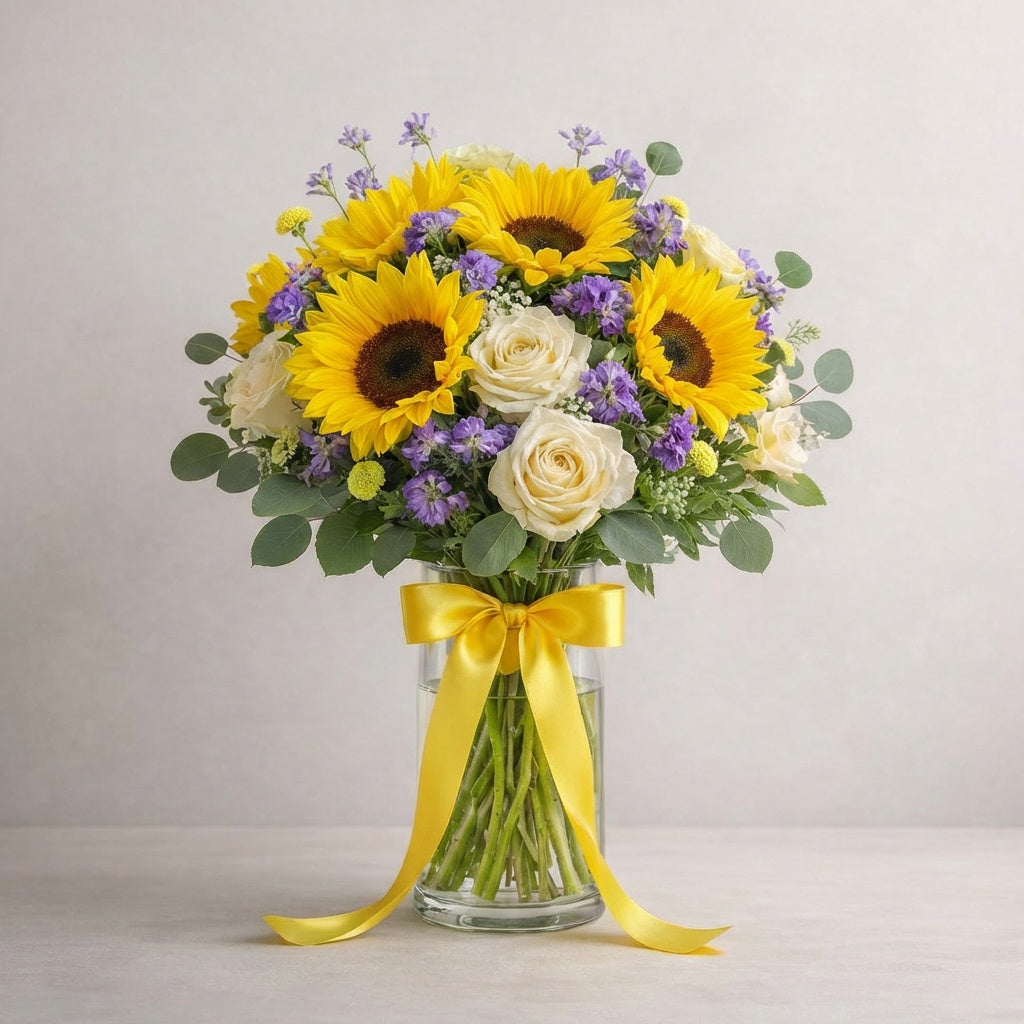 Bright sunflower and white rose bouquet with purple accent flowers, hand-arranged in a clear glass vase with yellow ribbon, same-day delivery in Encinitas