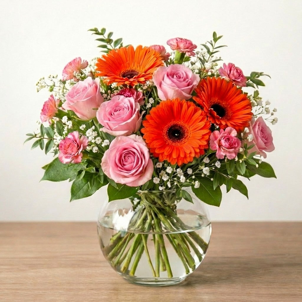 Larger bouquet of pink roses and bright orange gerbera daisies in a clear round glass vase — same-day flower delivery Carlsbad.