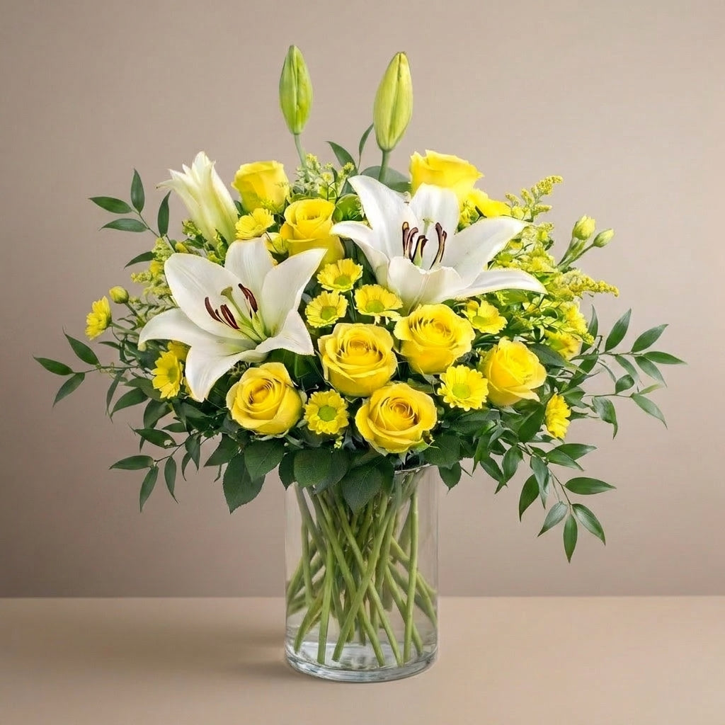 Extra Full size yellow rose and white lily vase arrangement with yellow daisies β Escondido flower delivery