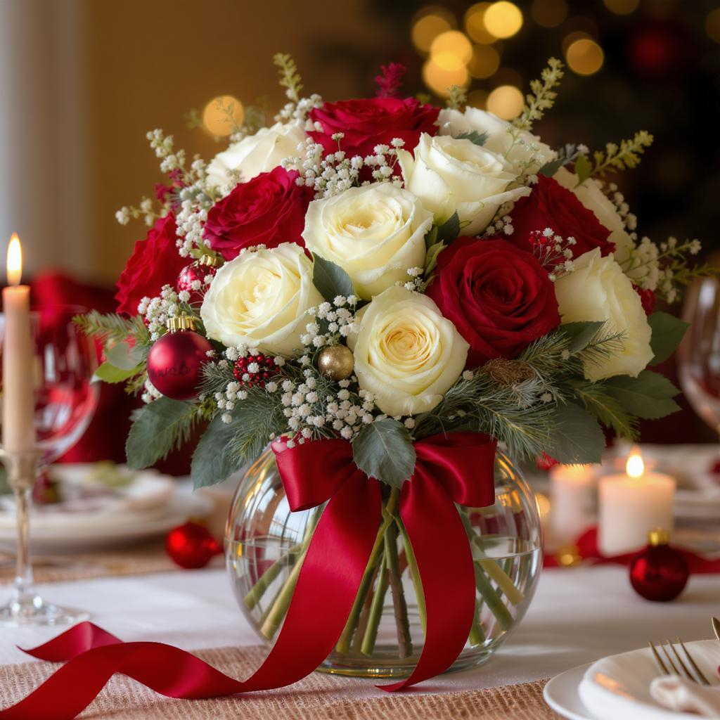 Winter Radiance – Red & White Roses in Glass