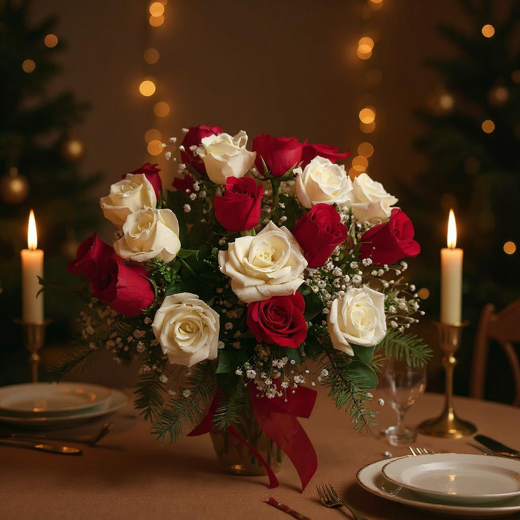 Premium size holiday vase arrangement with abundant red and white roses, winter berries, lush white filler flowers, and a red ribbon bow in a clear round vase – San Marcos flower delivery.