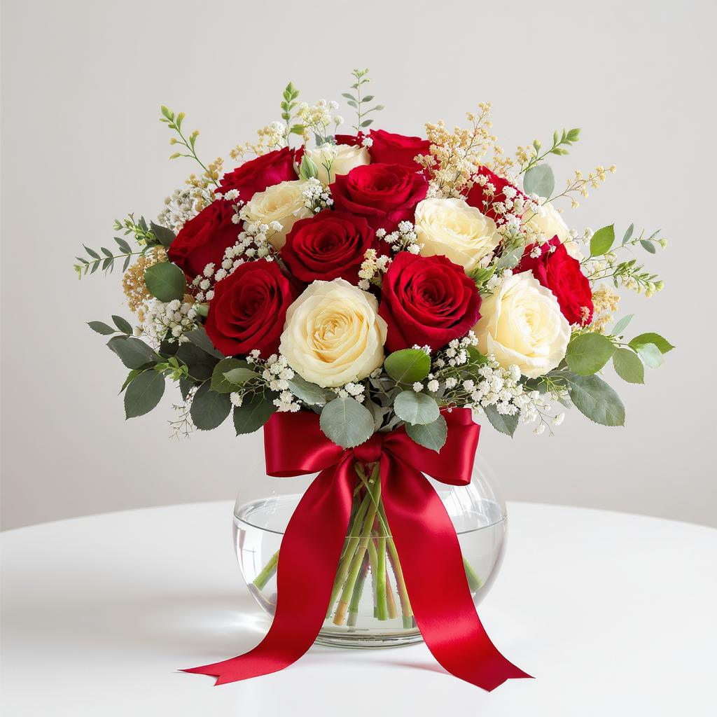 Golden Noel Roses – Red & White Christmas Vase Arrangement