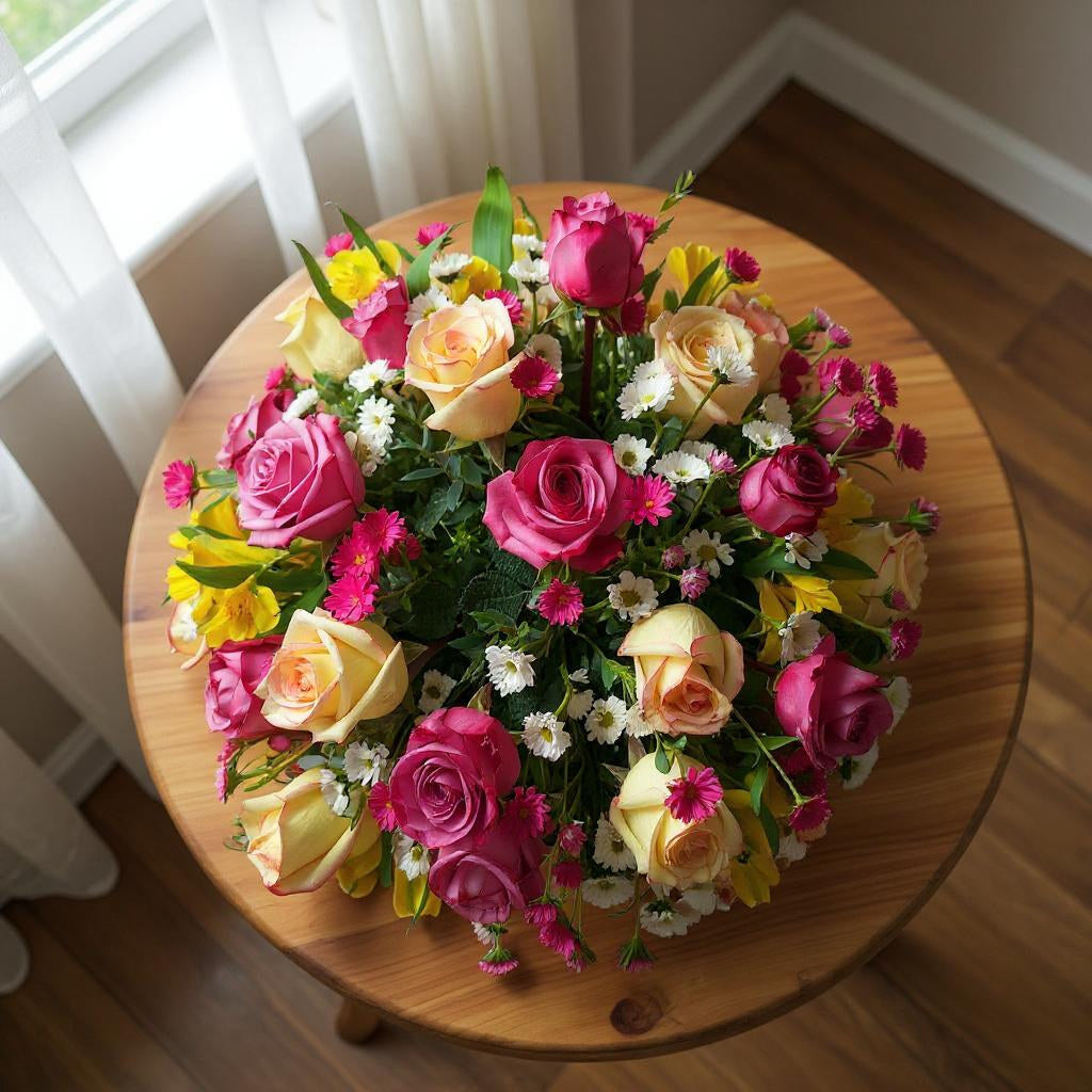 Vibrant mixed flower arrangement with pink, yellow, and white blooms in a round black ceramic bowl on a wooden table - Fresh flowers Escondido CA.