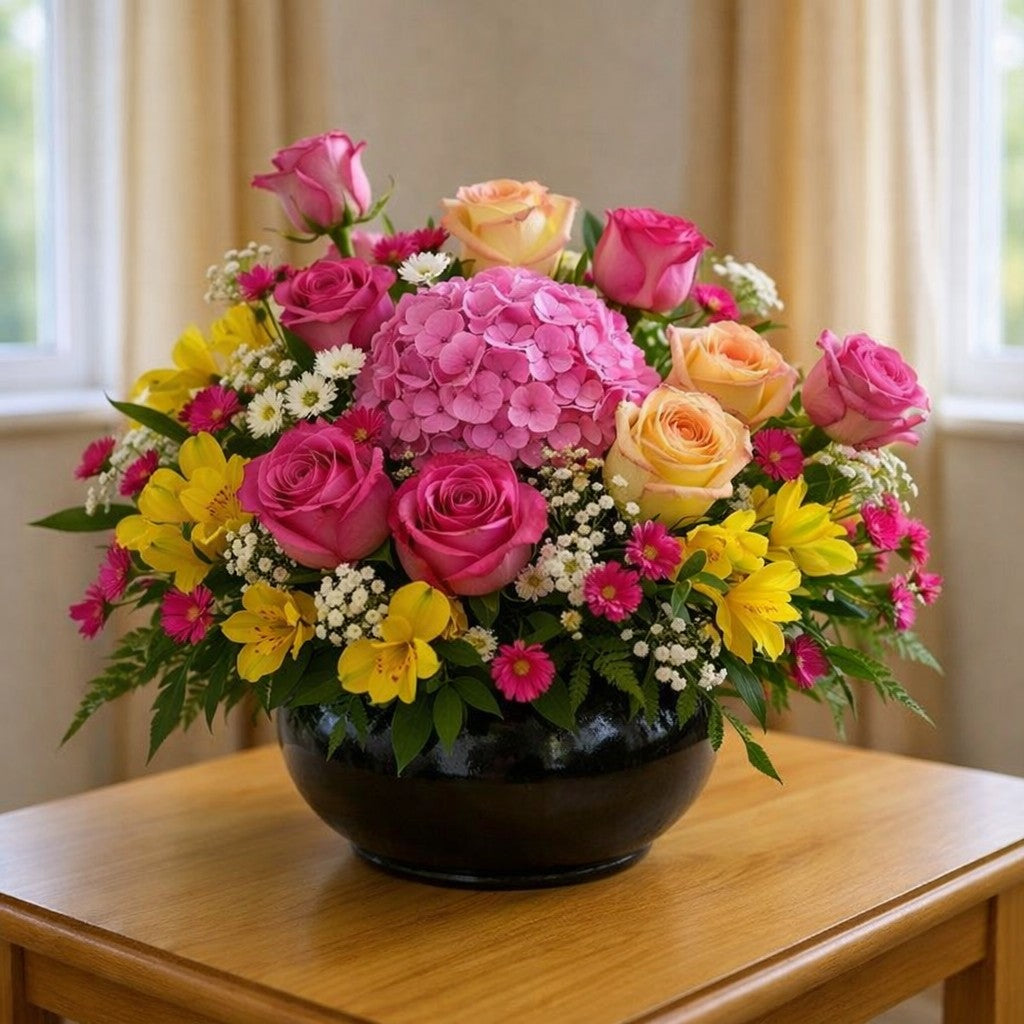 Sunshine Rose Garden Bowl arrangement with pink hydrangea, pink and peach roses, yellow alstroemeria, white daisies, and hot pink button mums in a black ceramic bowl – San Marcos florist delivery