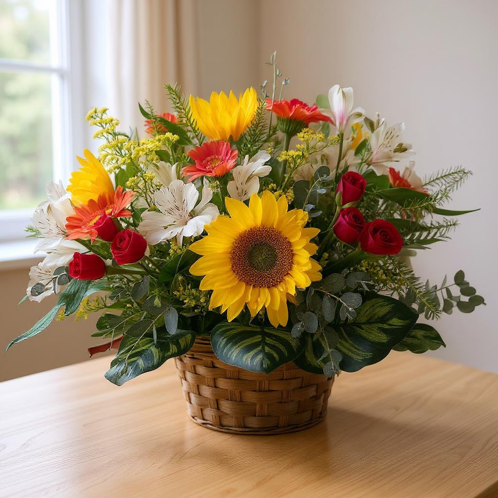 Sunflower and red rose basket arrangement with white accent flowers on a wooden table near a bright window — Escondido same-day flower delivery.