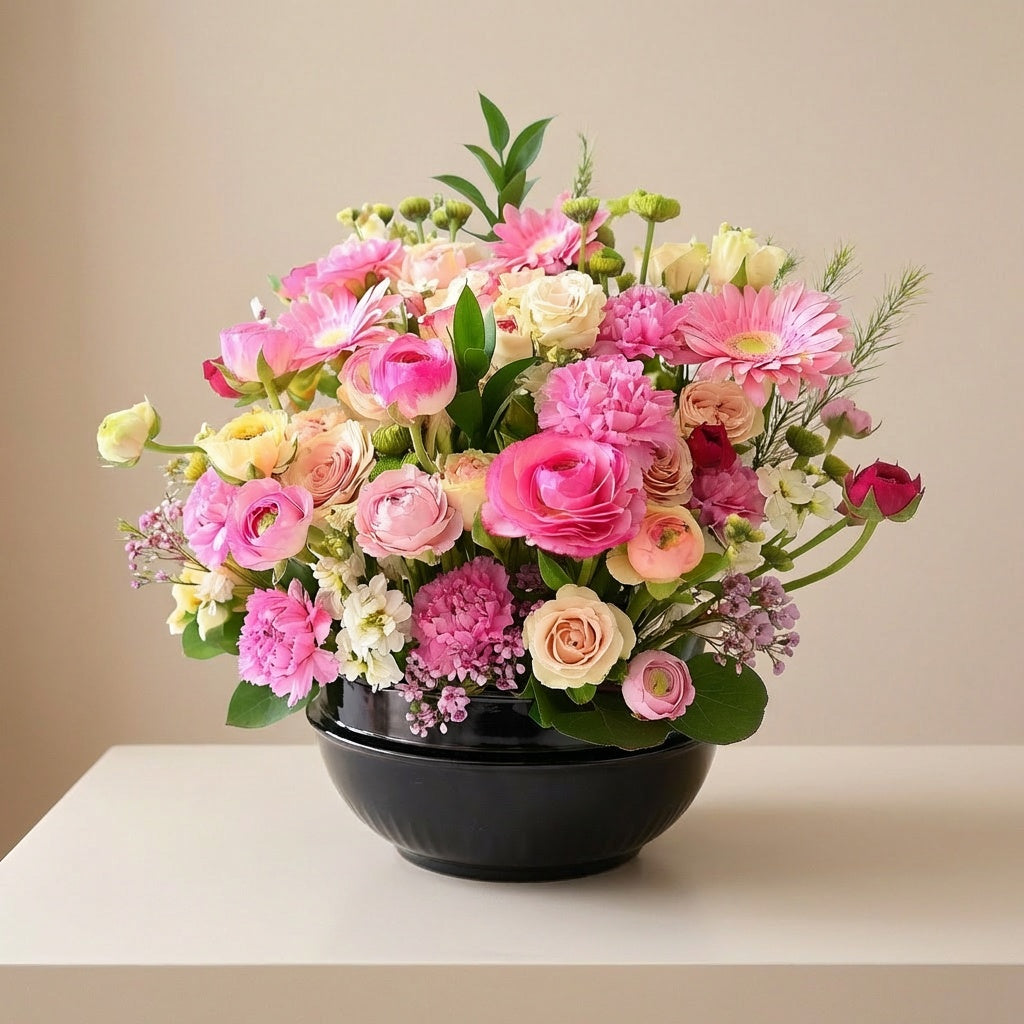 Premium pink and cream rose arrangement with ranunculus and gerbera – Carlsbad flower delivery