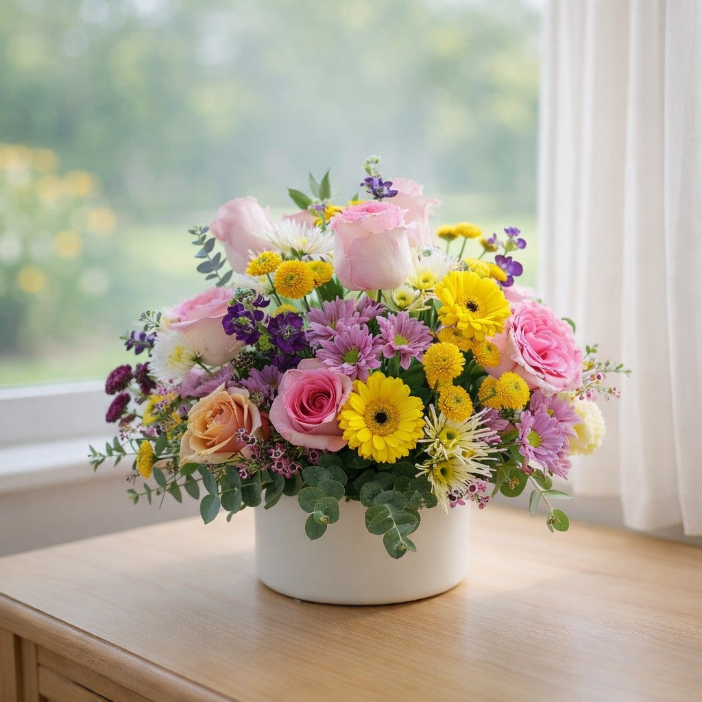 Bright mixed flower arrangement with pink roses, yellow gerbera daisies, lavender mums, and eucalyptus in a white ceramic vase โ Carlsbad flower delivery