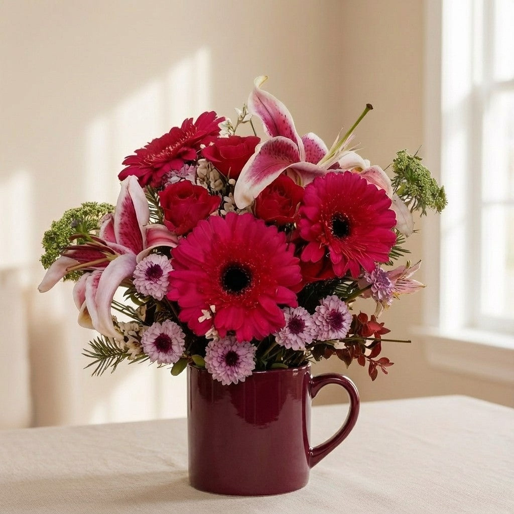 Red and pink floral arrangement with gerbera daisies, roses, stargazer lilies, and greenery in a decorative container, handcrafted in San Marcos