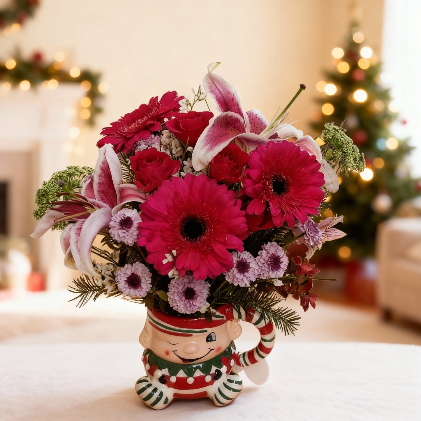Red and pink Christmas flower arrangement with gerbera daisies, lilies, roses, and mums in a holiday mug vase – Thanks Flowers San Marcos delivery.
