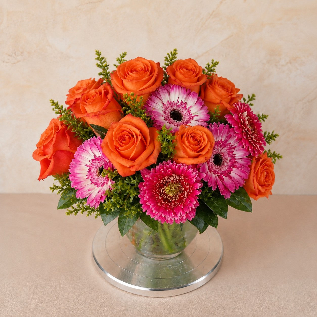 Sunset Cheer Vase – Orange Roses & Pink Gerberas