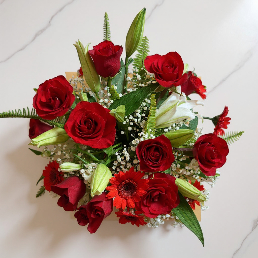 Crimson Devotion – Red Roses, Lilies & Gerberas