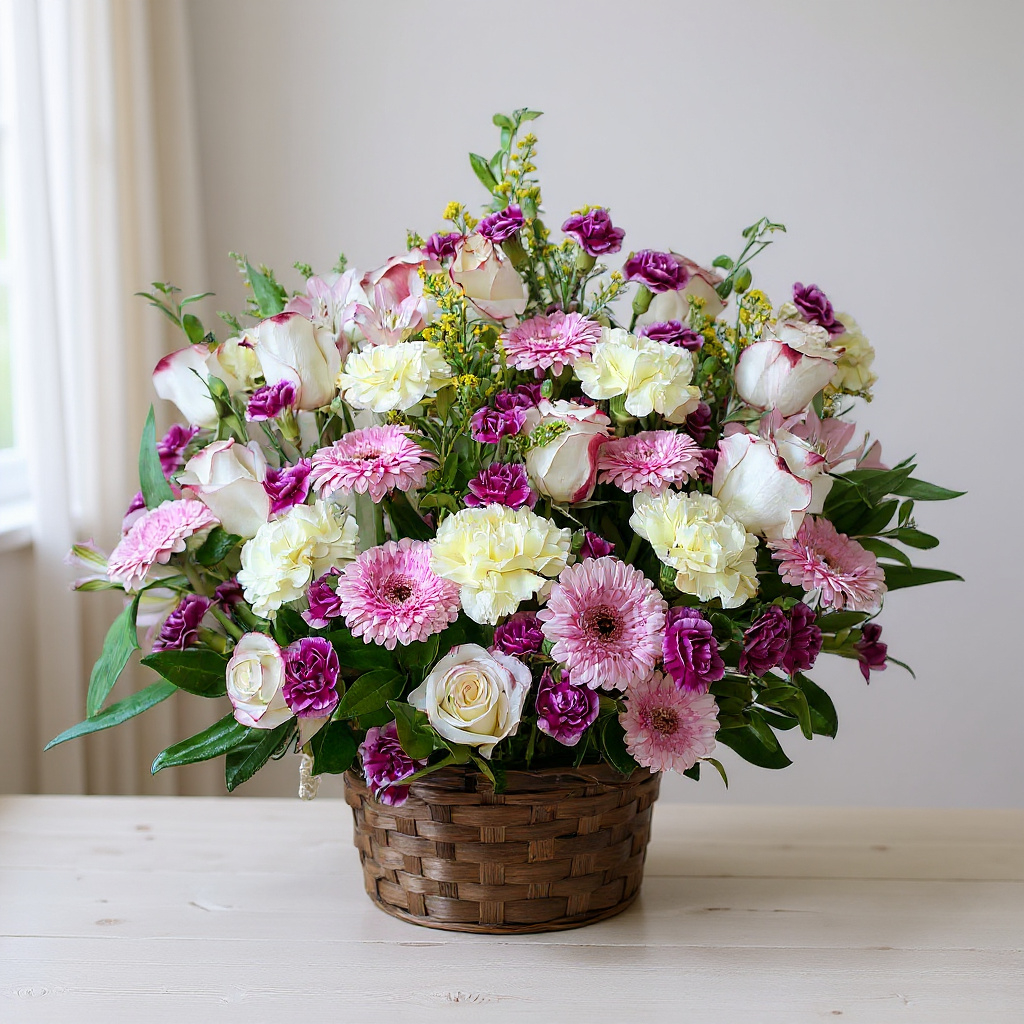 Graceful Harmony Basket – Pink & Cream Roses with Carnations