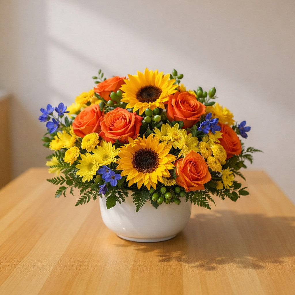 Sunflower and orange rose flower bowl with yellow mums and greenery – San Marcos delivery