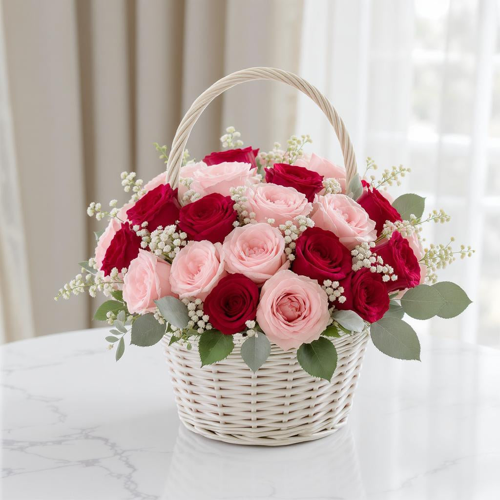 Premium size pink and red rose basket arrangement featuring abundant roses, baby’s breath, and eucalyptus in a white woven basket – Vista florist.