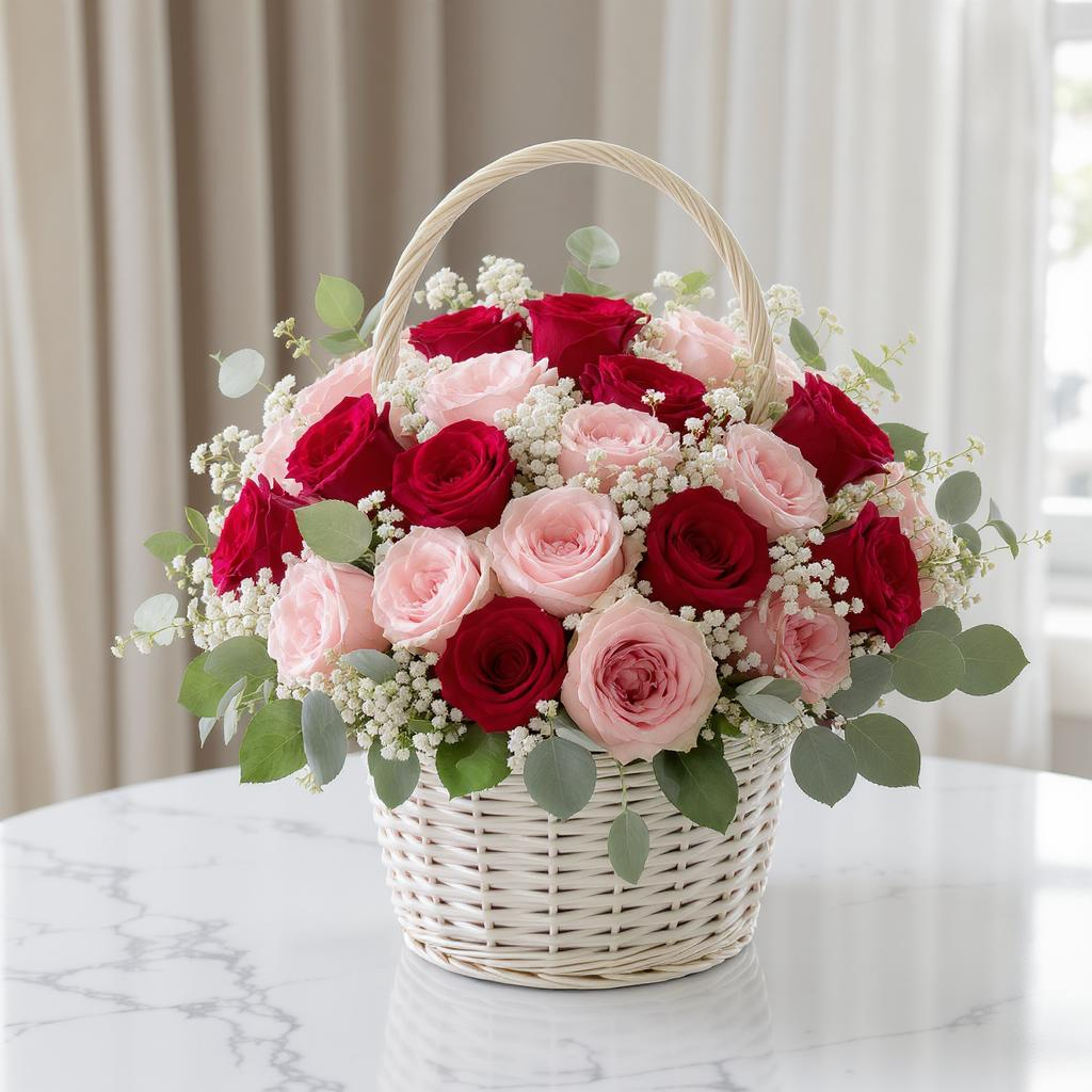 Blush & Red Rose Basket – Classic Garden Charm