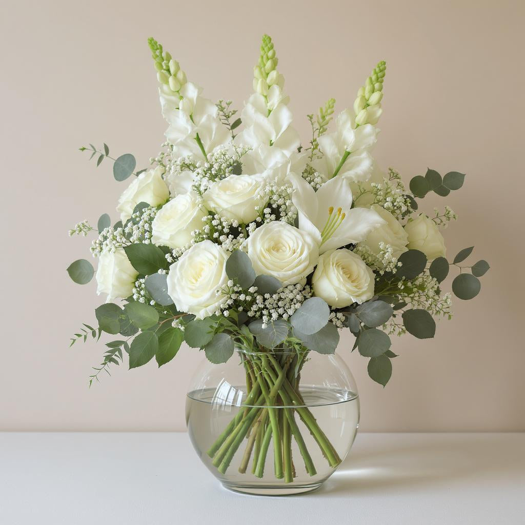 Premium size luxurious white floral arrangement with abundant lilies, cream roses, baby’s breath, and rich eucalyptus greenery displayed in a round clear glass vase on a light surface — Carlsbad florist.