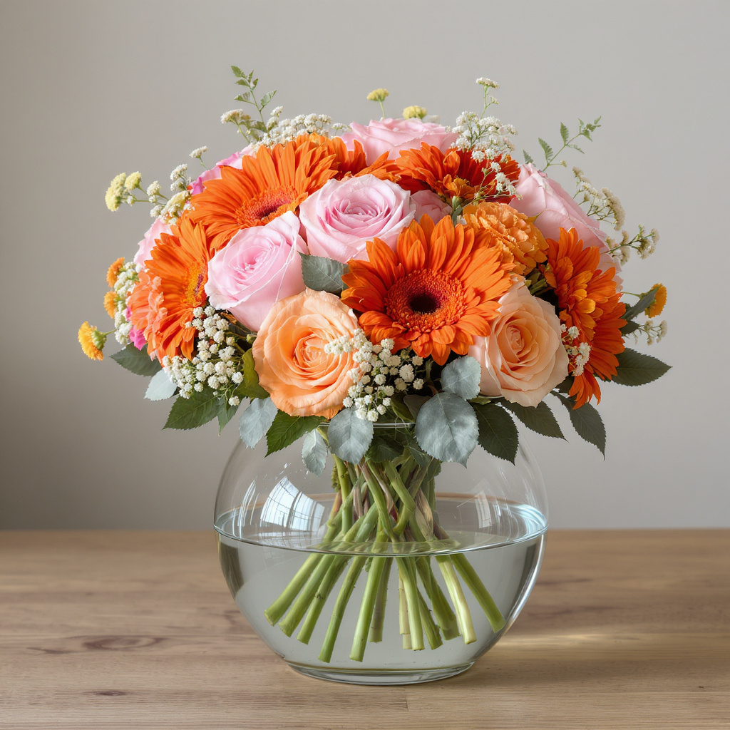 Sunset Harmony Bouquet – Peach Roses & Orange Gerberas