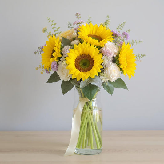 Deluxe size sunflower bouquet featuring yellow roses, lavender fillers, and eucalyptus foliage arranged in a clear glass vase β fresh flowers Carlsbad CA.