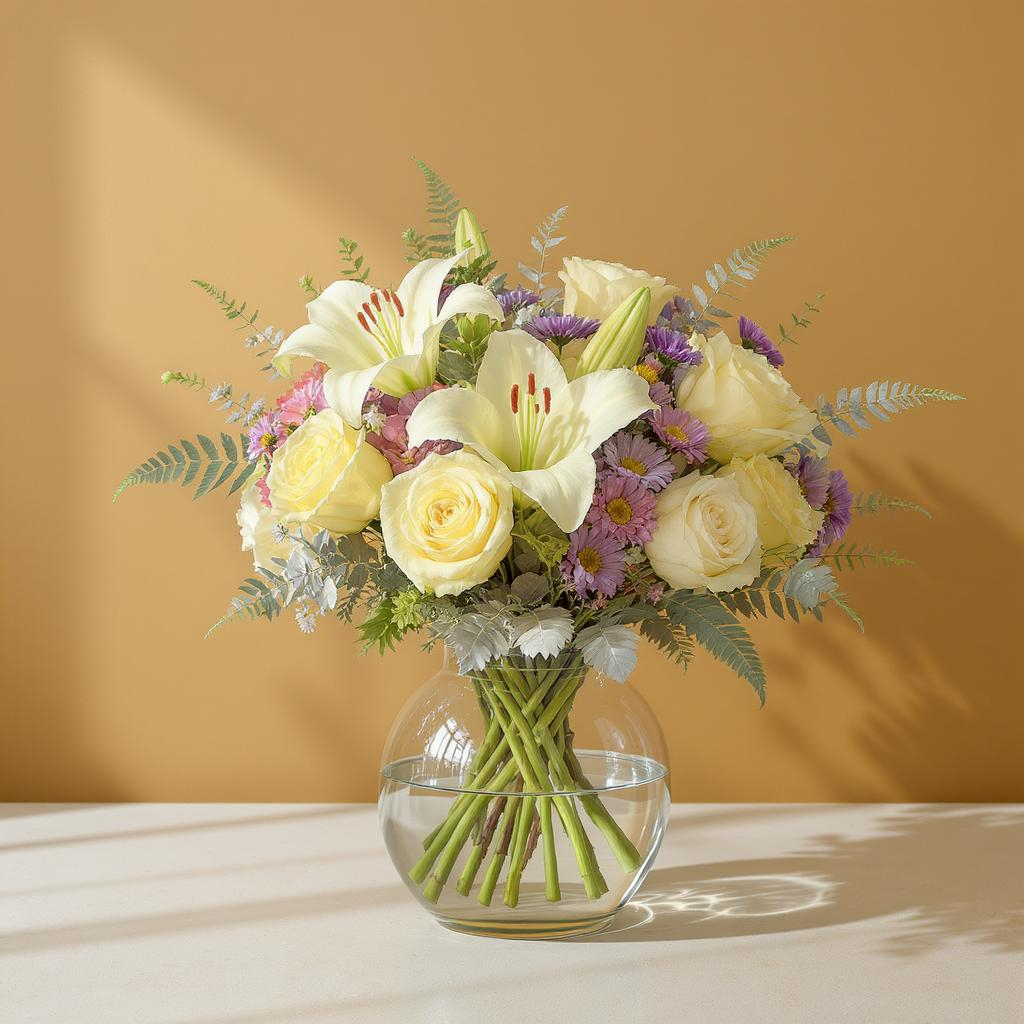 Blushing Harmony – Yellow Lily & Violet Bloom Vase Arrangement