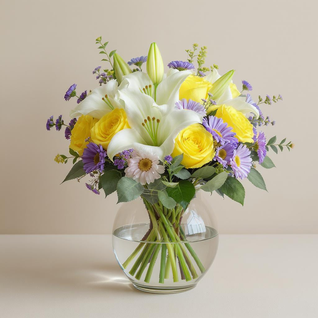 Premium size bright white lily and yellow rose floral arrangement with pastel flowers and full greenery in a clear round vase — Escondido flower delivery.