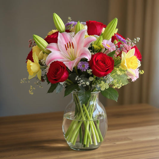 Deluxe size lily and rose bouquet with fuller pink lilies, additional red roses, enhanced yellow and purple accent flowers, and lush greenery arranged in a clear mason jar vase — Fresh flowers San Marcos CA.