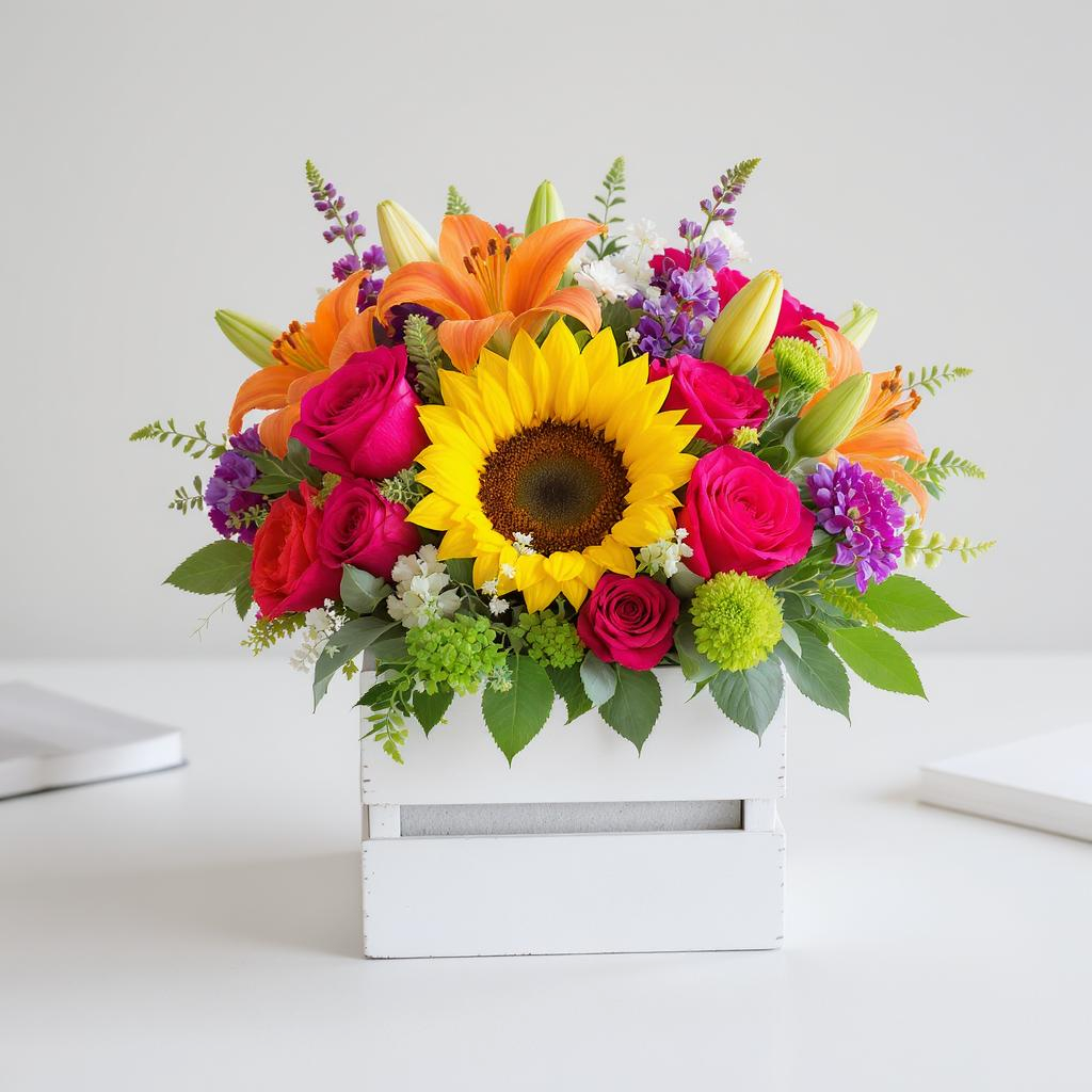 Sunshine Bloom Box – Vibrant Sunflower & Lily Arrangement
