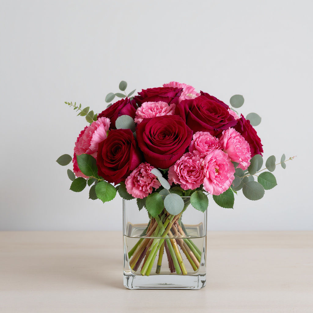 Blushing Harmony – Red Rose & Pink Carnation Cube Arrangement
