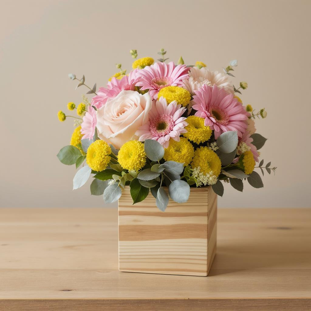 Deluxe size mixed gerbera and rose arrangement with fuller pink gerberas, additional blush roses, enhanced yellow billy balls, and added greenery in a wooden square container — Same-day flowers Carlsbad.