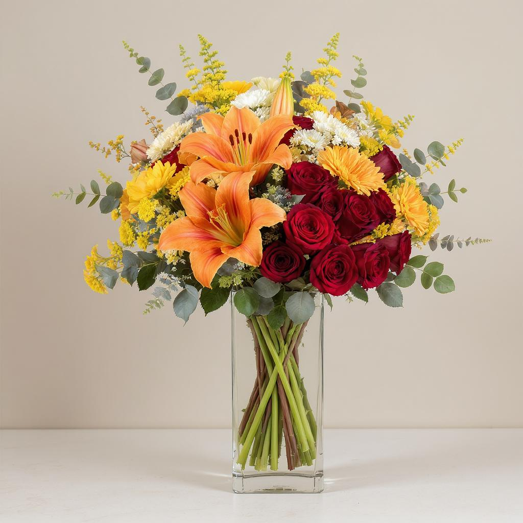 Amber Celebration – Orange Lily & Rose Vase Arrangement