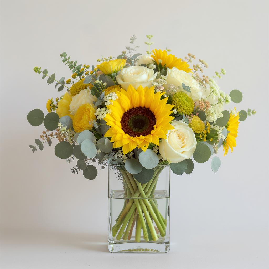Radiant Grace – Sunflower & Ivory Rose Vase Arrangement