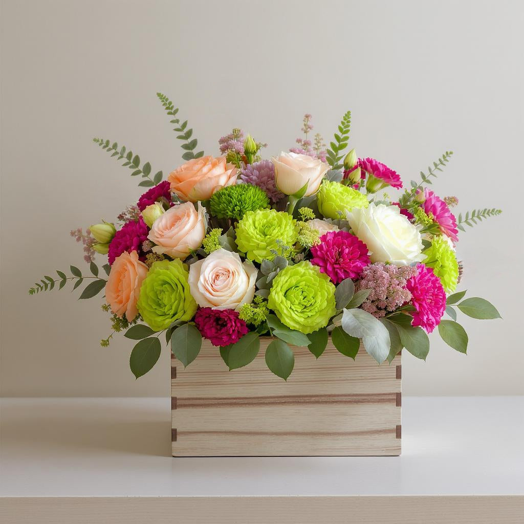 Premium size colorful mixed bouquet with abundant roses, gerberas, hydrangeas, and bright seasonal flowers arranged in a wooden box — Same-day flowers Vista.