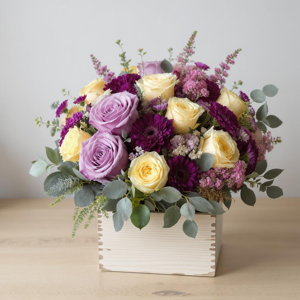 Premium size pastel and purple flower arrangement with roses, chrysanthemums, and eucalyptus in a wooden box, available for same-day flowers in Escondido.
