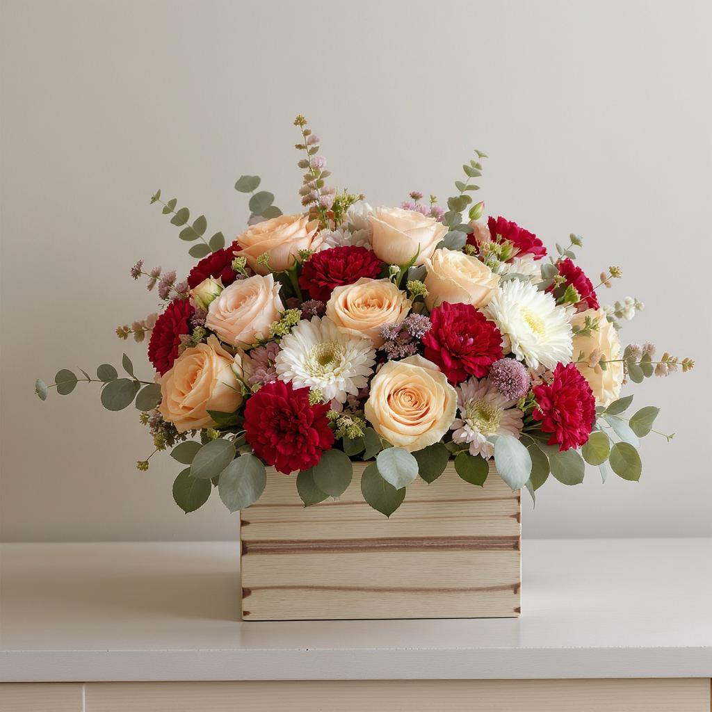 Radiant Crimson Garden β Peach, Red & White Box Arrangement